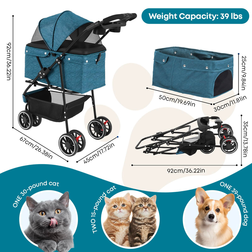 Chihuahua pet stroller side view highlights foldable design for quick storage on trips.
