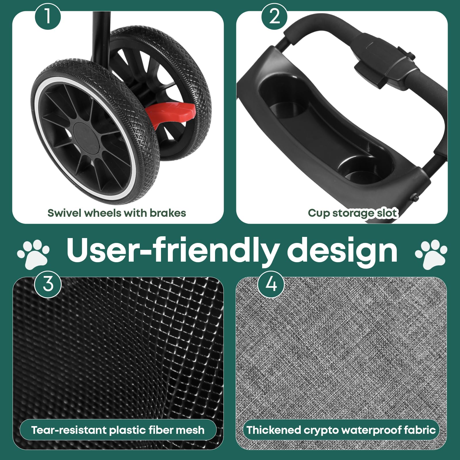 Chihuahua pet stroller storage basket carries pet essentials for trips.