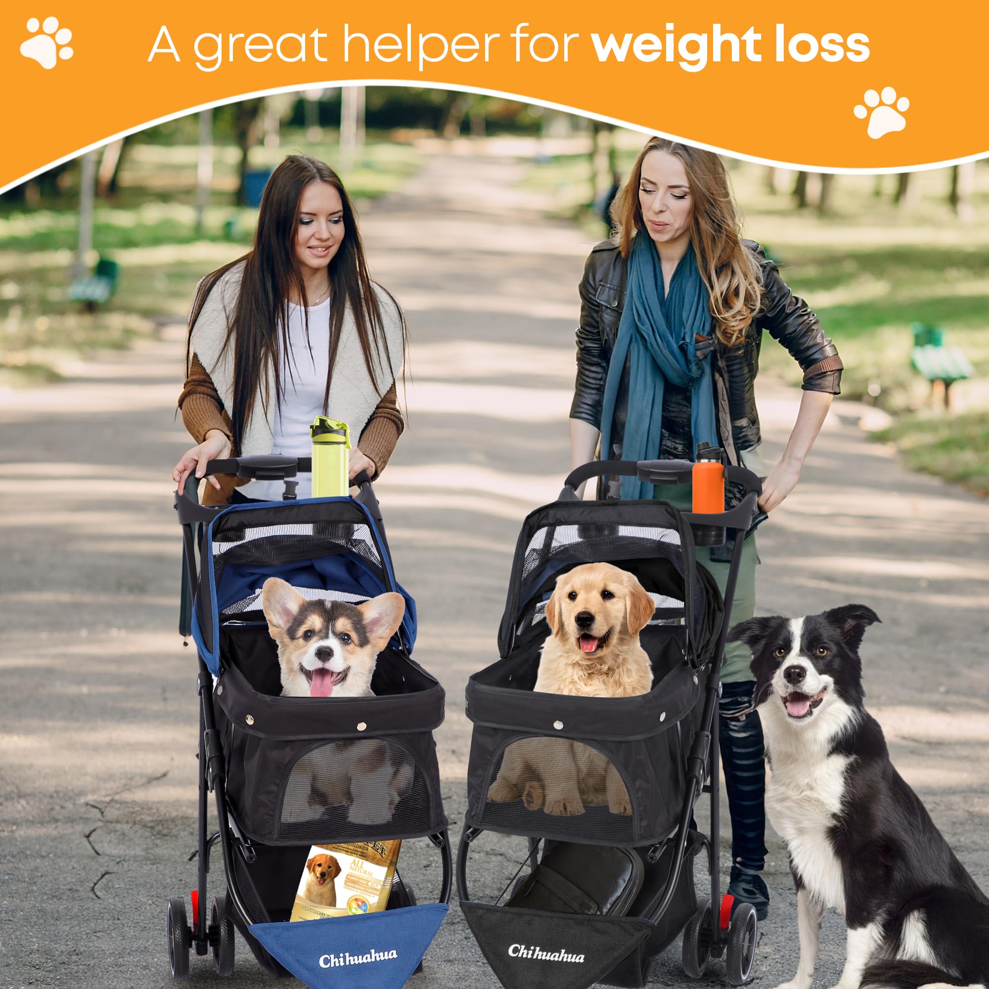 Chihuahua pet stroller storage basket keeps pet gear organized.