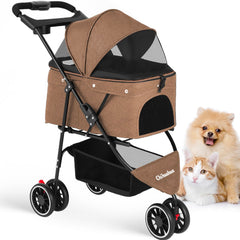 Chihuahua pet stroller with three-wheels design for stable rides.