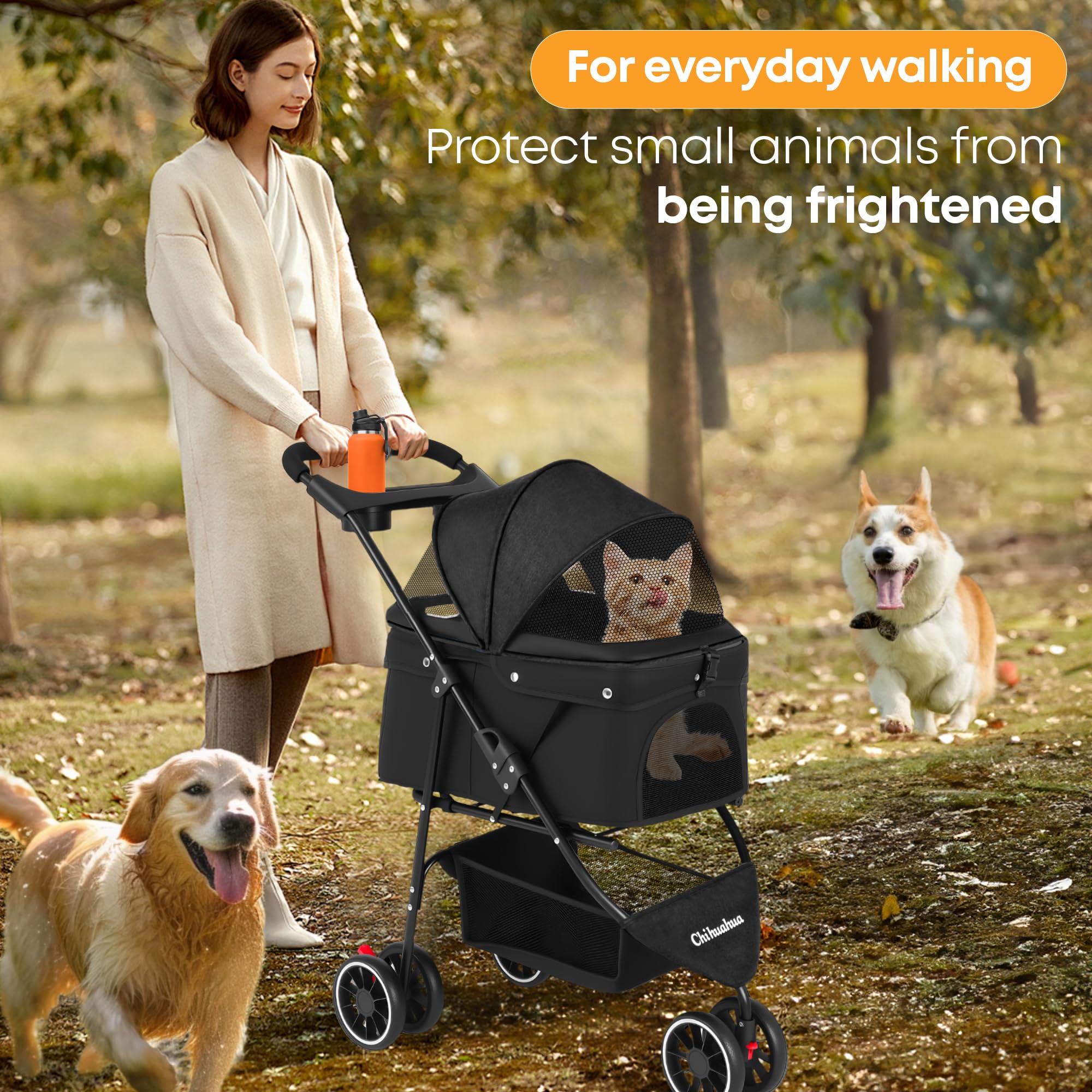 Chihuahua pet wagon with storage basket undercarriage and accessible pockets for gear on the go