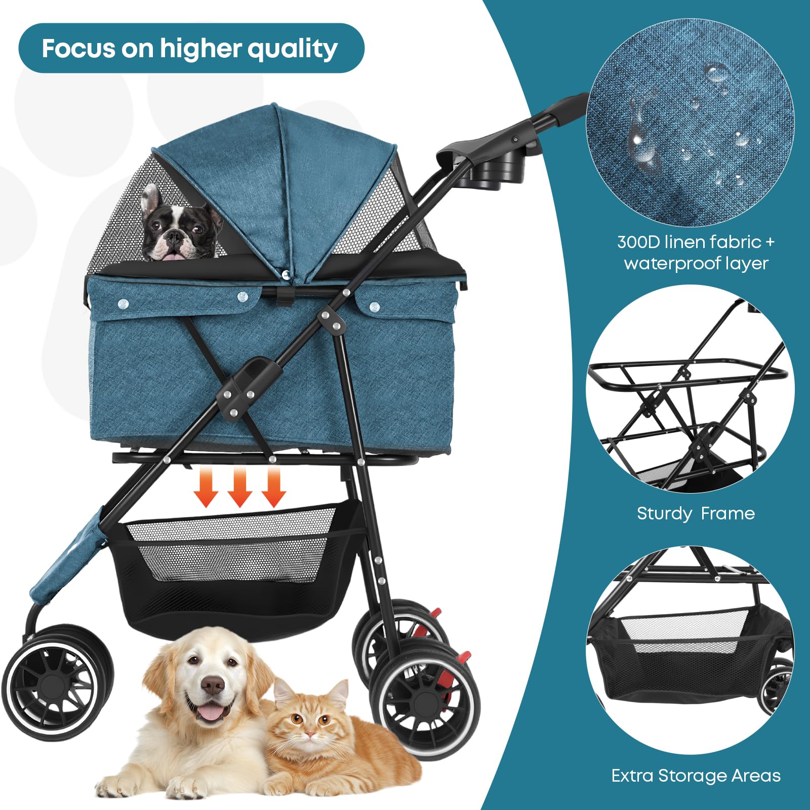 Chihuahua stroller 3-wheels maneuverability ensures smooth steering on sidewalks and lawns.