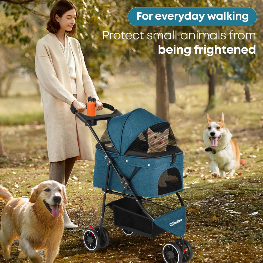 Chihuahua stroller with cup holders and storage basket for pet essentials.