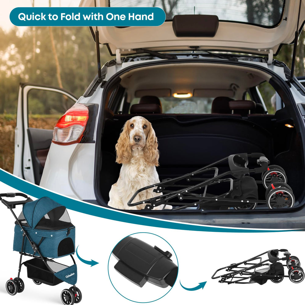 Chihuahua stroller folded compact demonstrates portable transport for car trips.