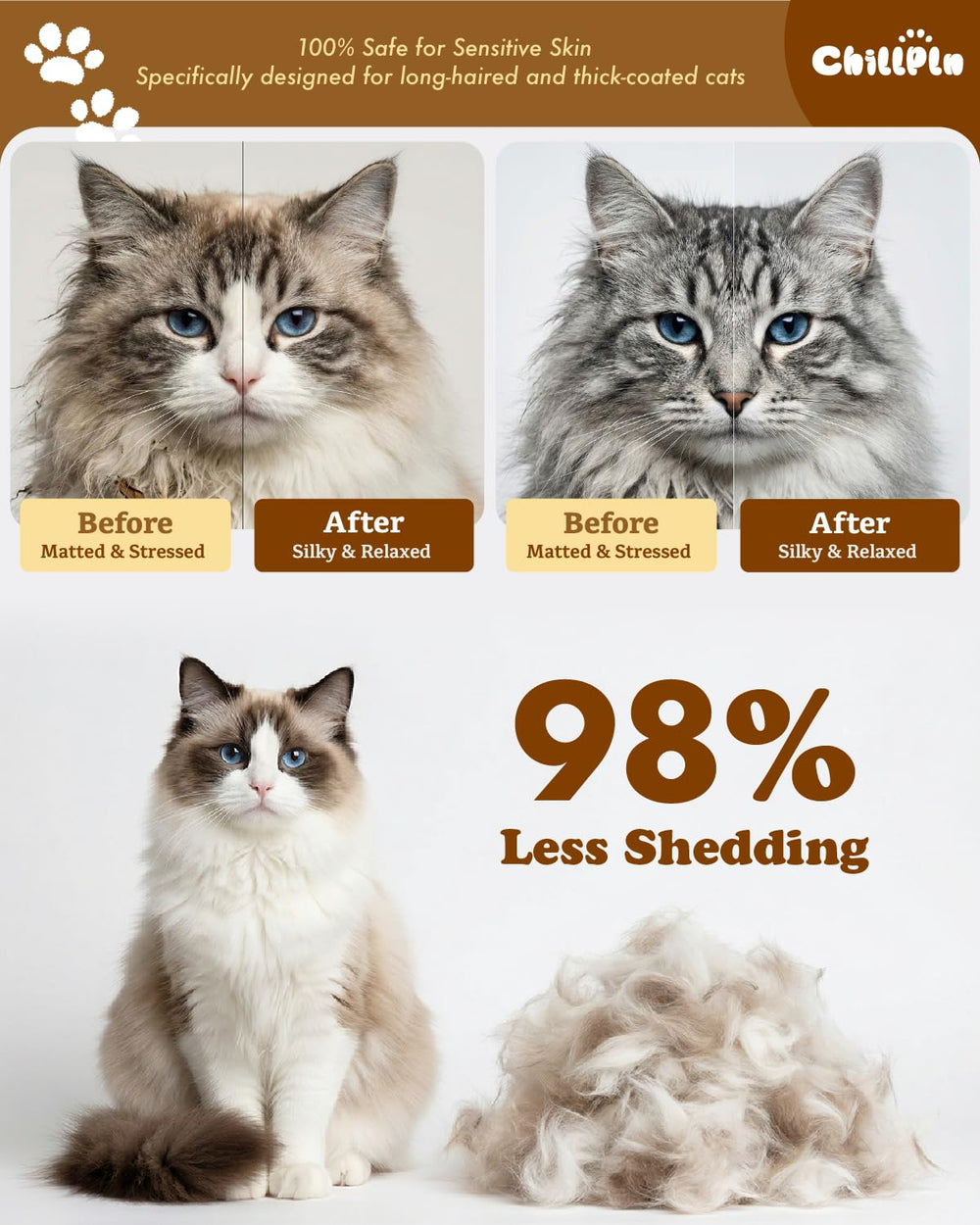CHILLPLN Cat Brush targets undercoat behind ears and legs for thorough grooming