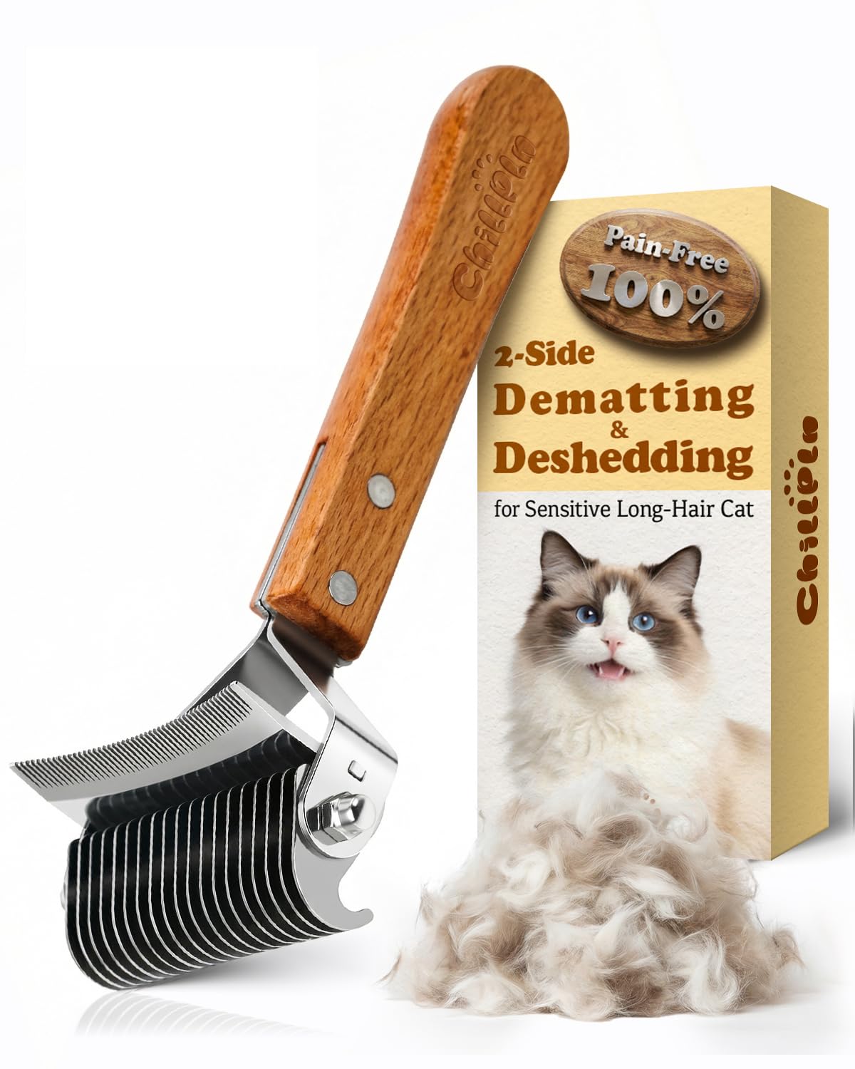 CHILLPLN Cat Brush two-sided dematting rake with 20 teeth for deep mats on long-haired cats