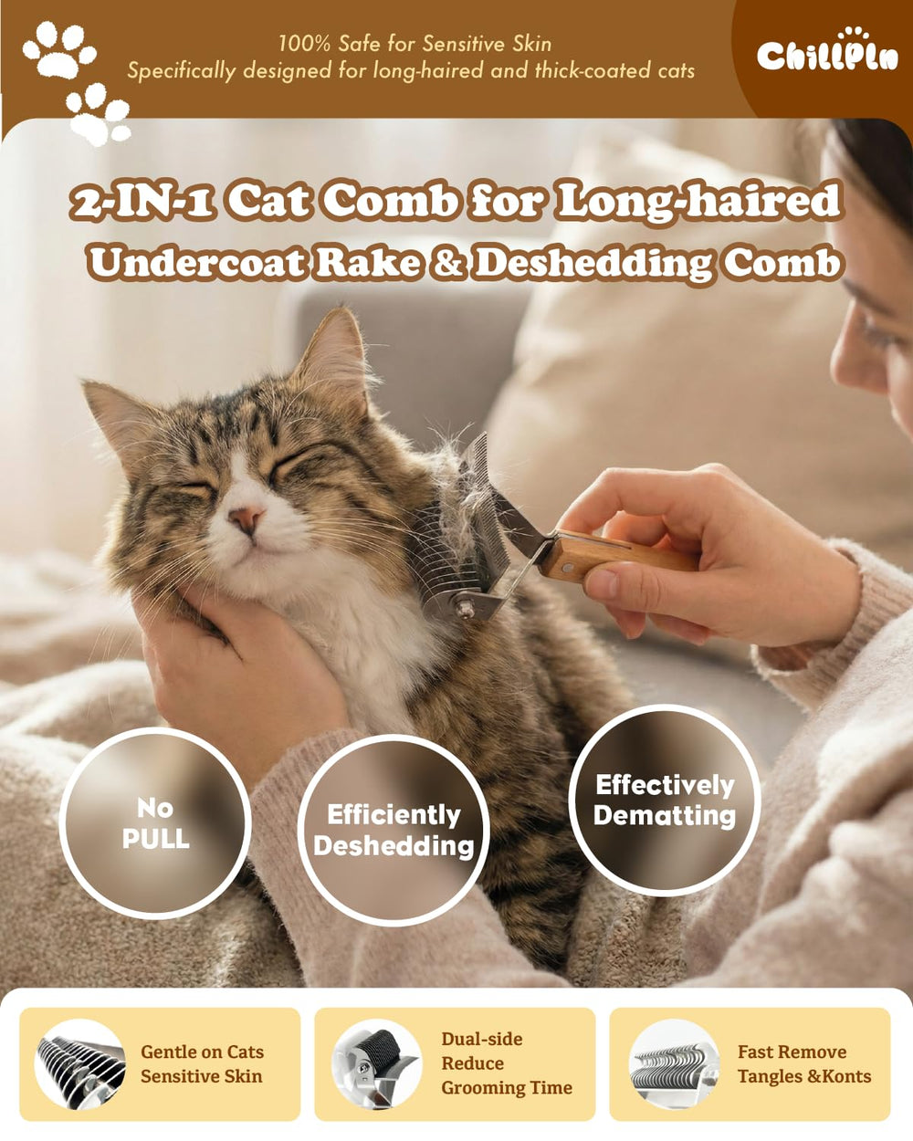 CHILLPLN Cat Brush two-sided dematting rake with 30 teeth for thinning loose fur
