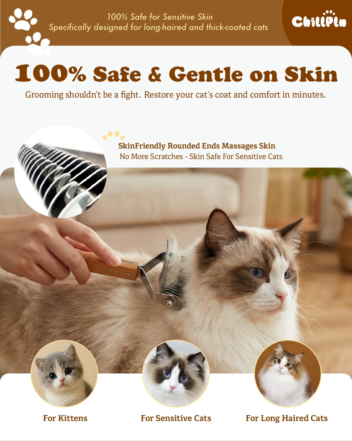 CHILLPLN Cat Brush wooden handle offers ergonomic grip during extended grooming sessions
