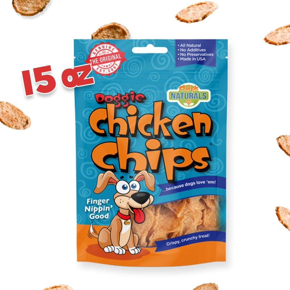 Chip's Naturals Doggie Chicken Chips USA-made stamp close-up shows quality ingredients.