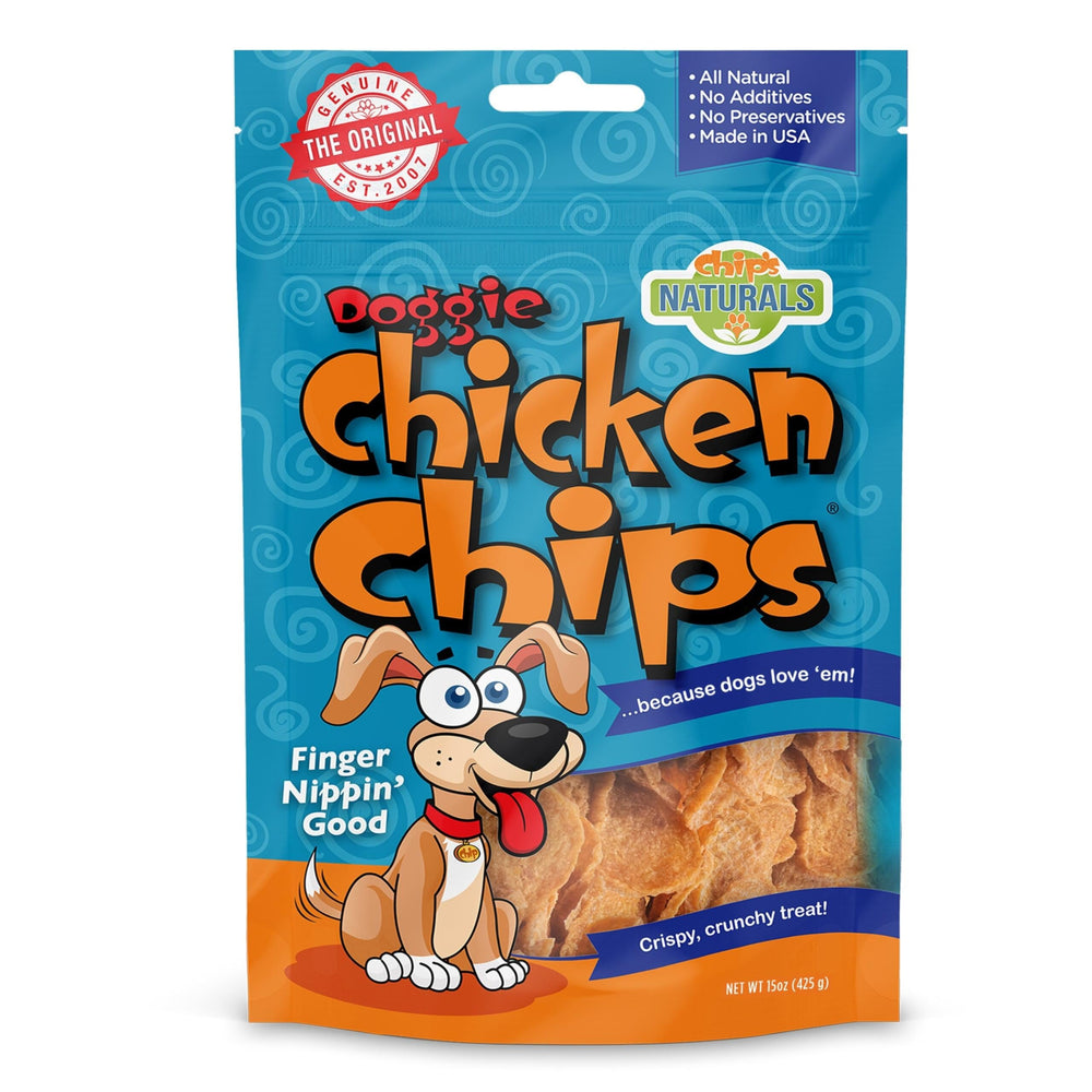 Chip's Naturals Doggie Chicken Chips packaging close-up showing crispy texture for reward treats.