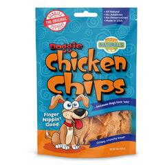 Chip's Naturals Doggie Chicken Chips packaging close-up showing crispy texture for reward treats.