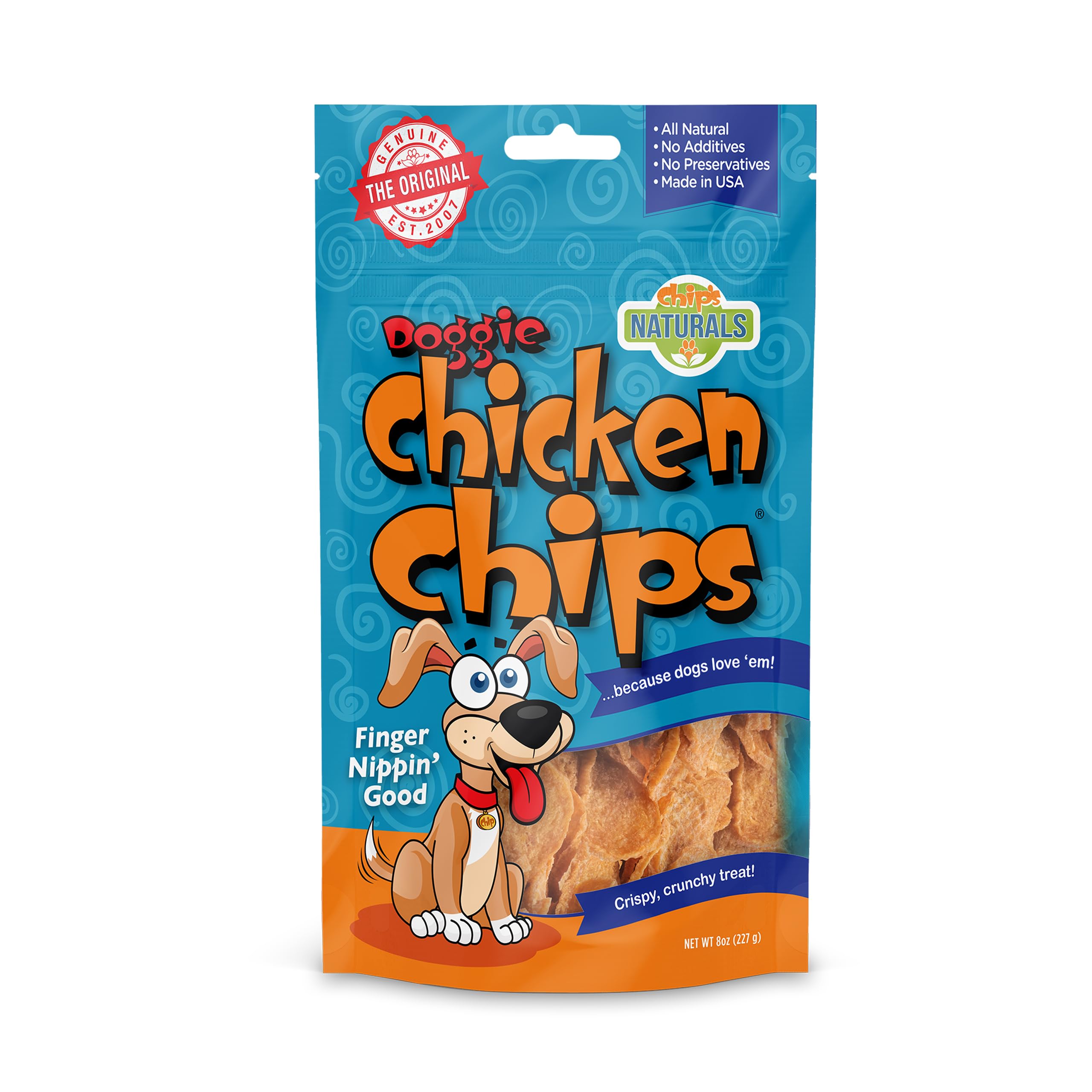 Chip's Naturals Doggie Chicken Chips bag – crispy, protein-rich treats for dogs.