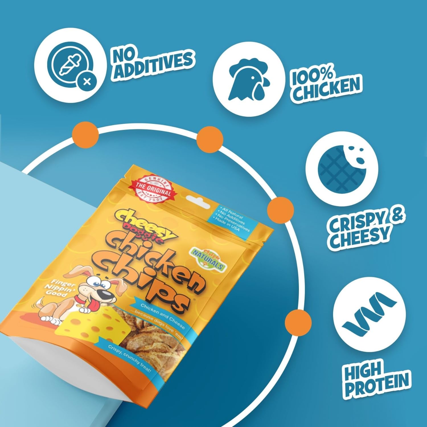 Chip's Naturals Cheesy Flavored Doggie Chicken Chips closeup of crisp bites and cheese aroma.