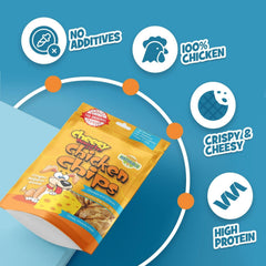 Chip's Naturals Cheesy Flavored Doggie Chicken Chips closeup of crisp bites and cheese aroma.