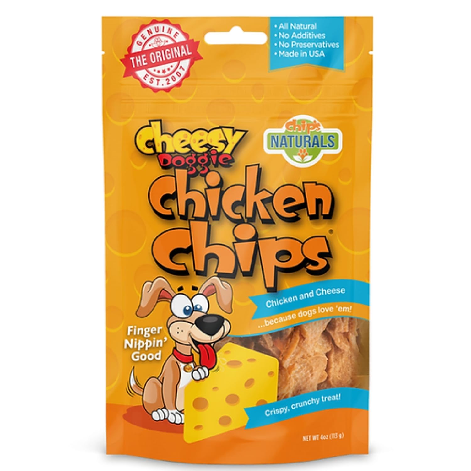Chip's Naturals Cheesy Flavored Doggie Chicken Chips in a small bag for convenient rewards.
