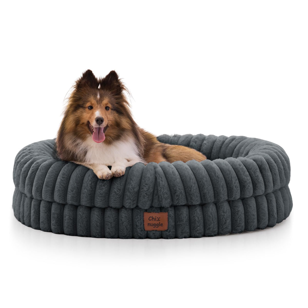 ChiXnuggle dog bed in dark grey with luxury striped faux fur cover for soothing comfort.