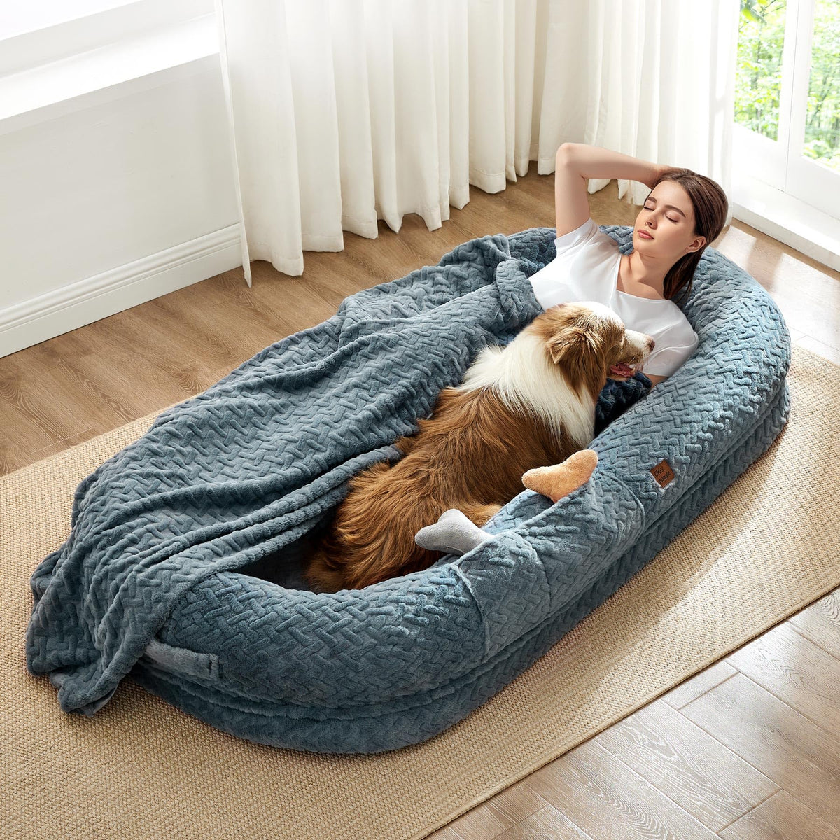 ChiXnuggle human dog bed assembled in grayish-blue for premium lounging.