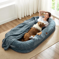 ChiXnuggle human dog bed assembled in grayish-blue for premium lounging.