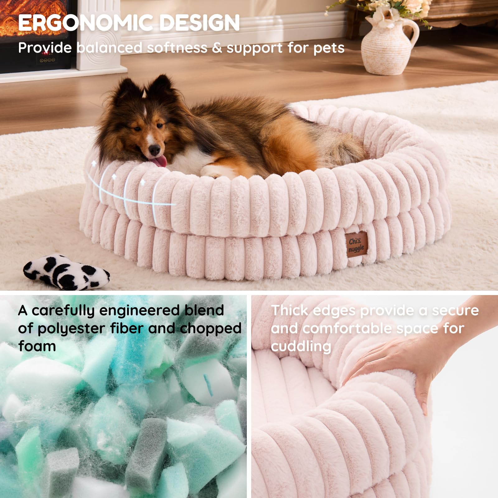 ChiXnuggle bed close-up shows egg crate base for breathable spinal comfort