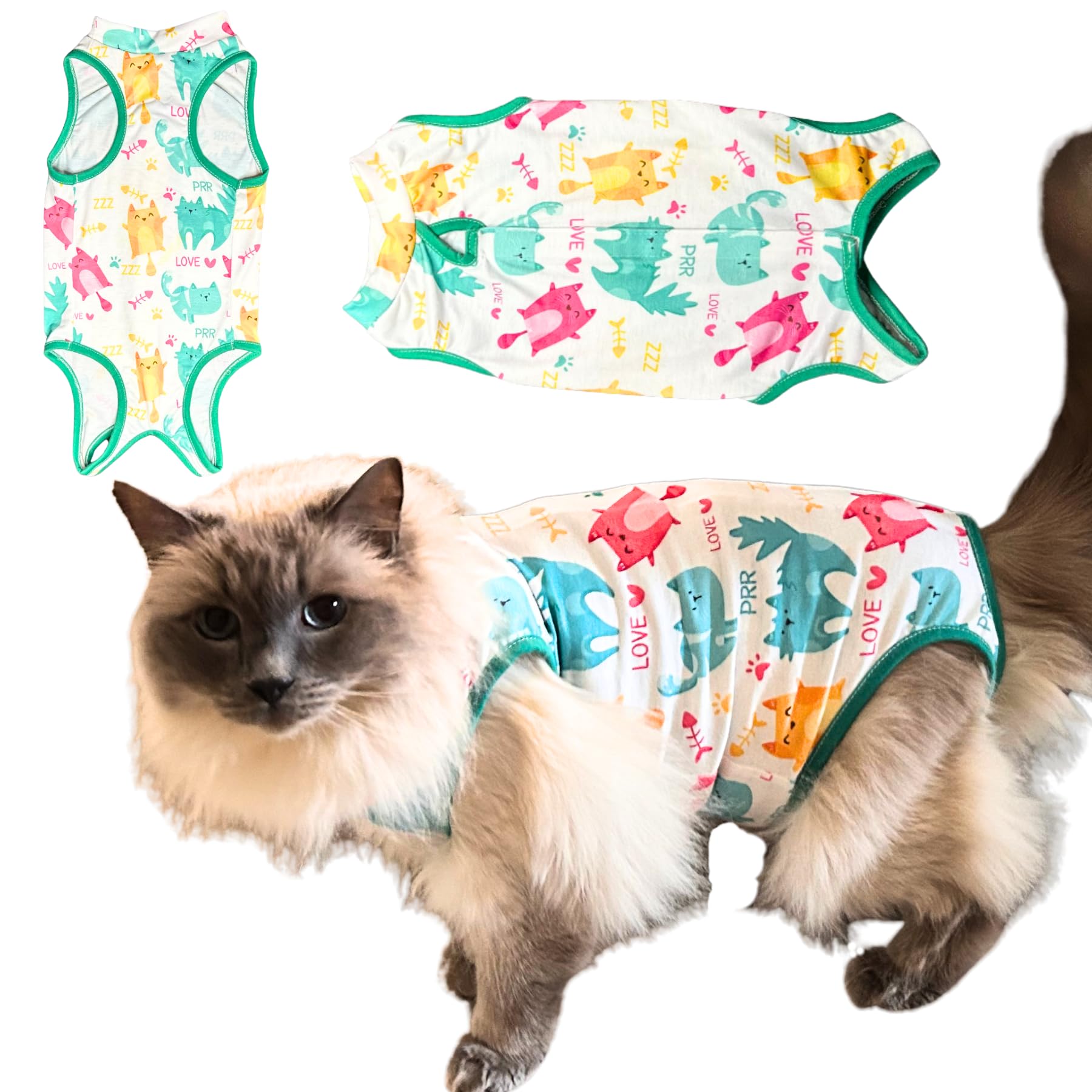 Chloe Victoria Pets cat recovery suit no-cord design keeps stitches secure and cat comfortable.
