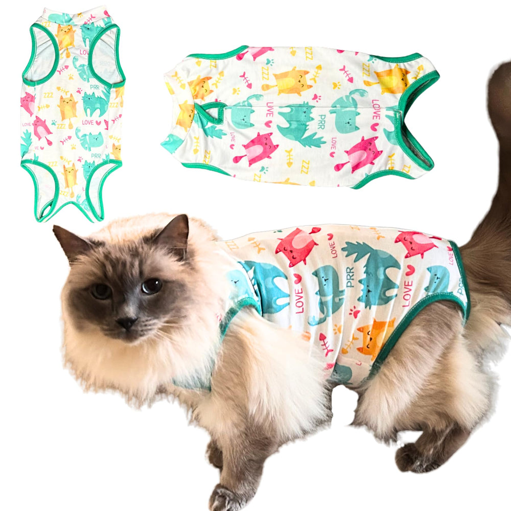 Chloe Victoria Pets cat recovery suit no-cord design keeps stitches secure and cat comfortable.