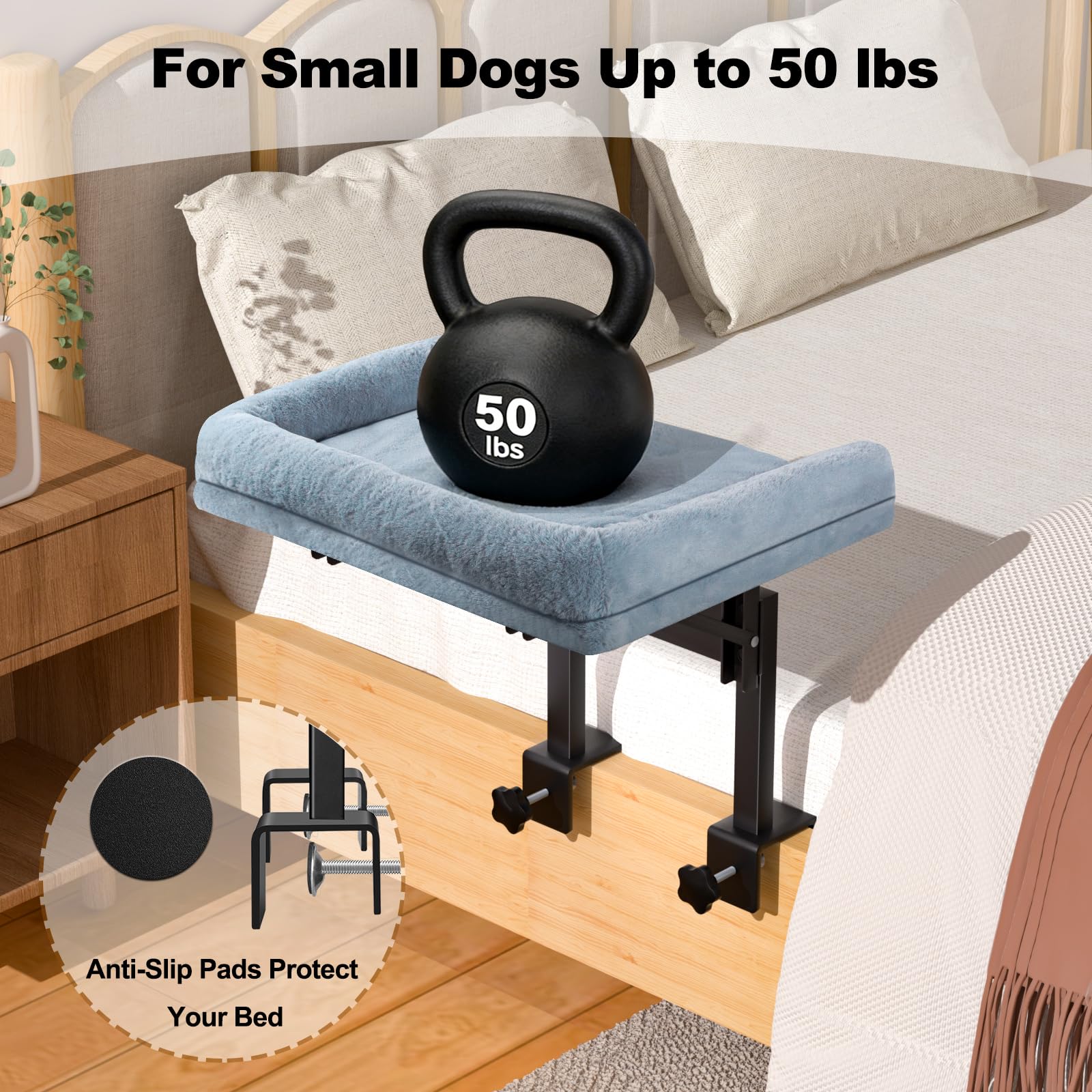 Chloraeon bedside-pet-bed attached to human bed enables close nighttime lounging.