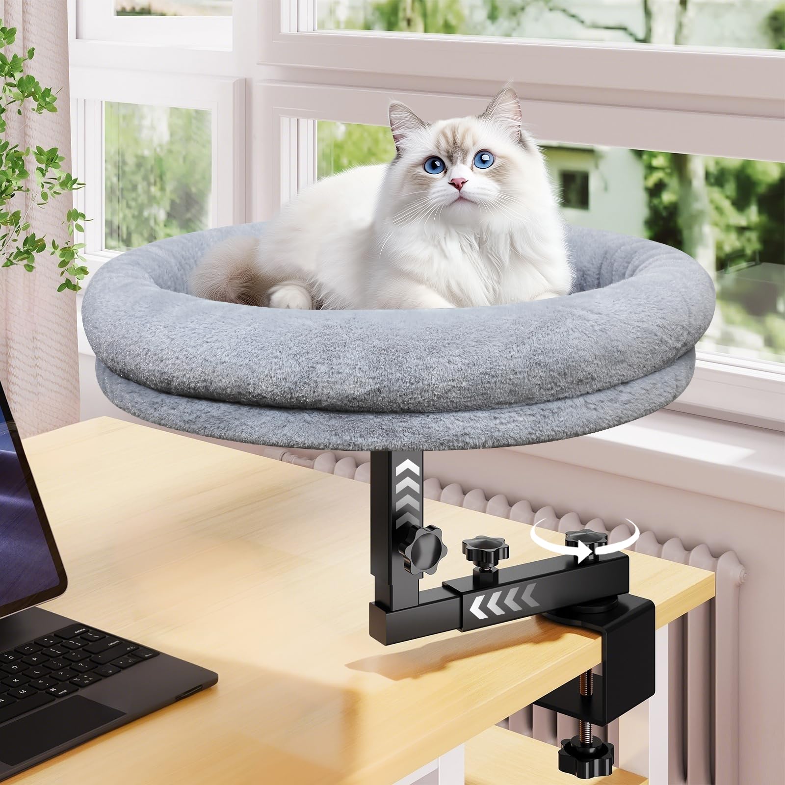 Chloraeon large cat desk bed with 360° rotation for flexible desk lounging.