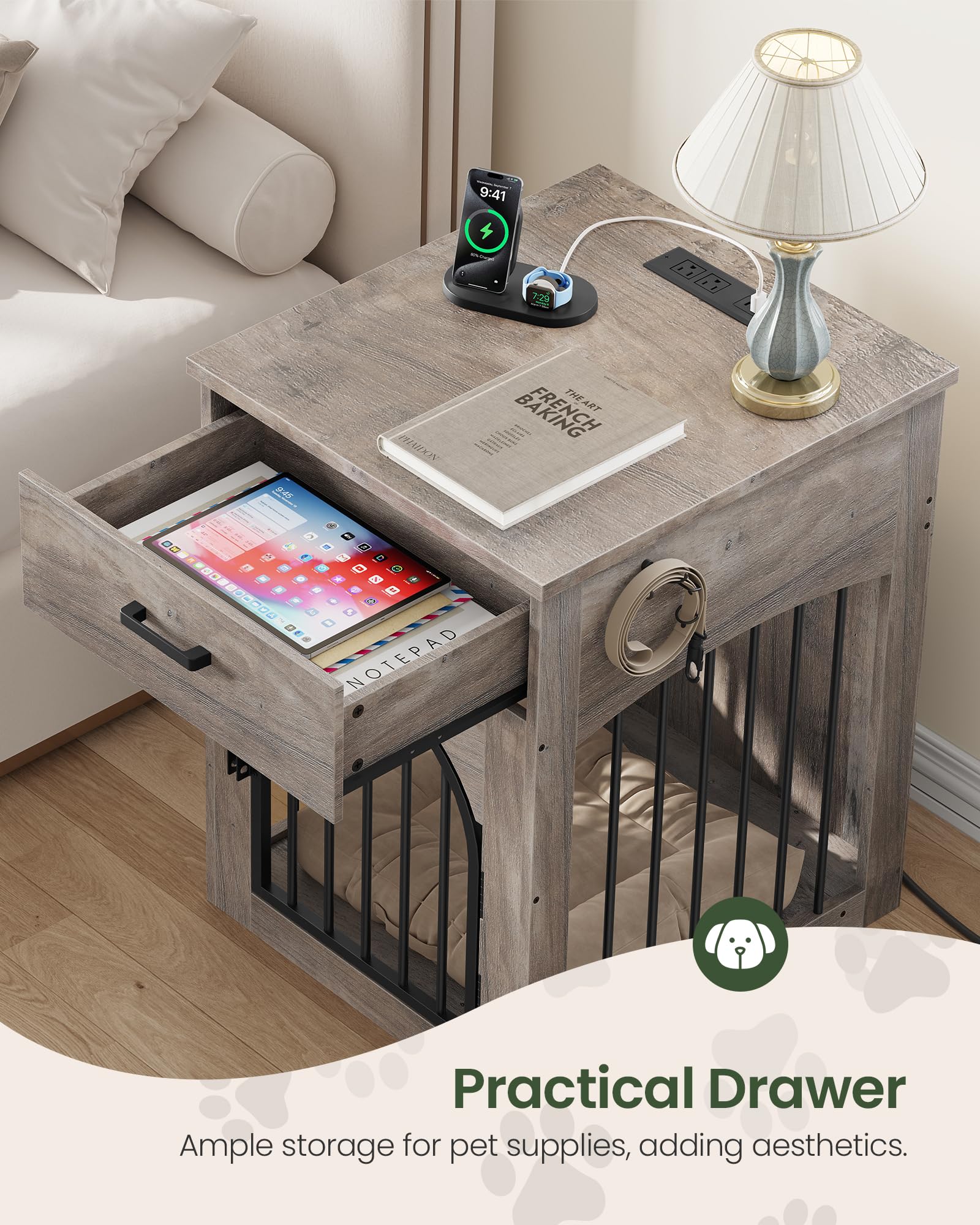 Fetching drawer on CHOEZON dog crate furniture for toy and leash storage
