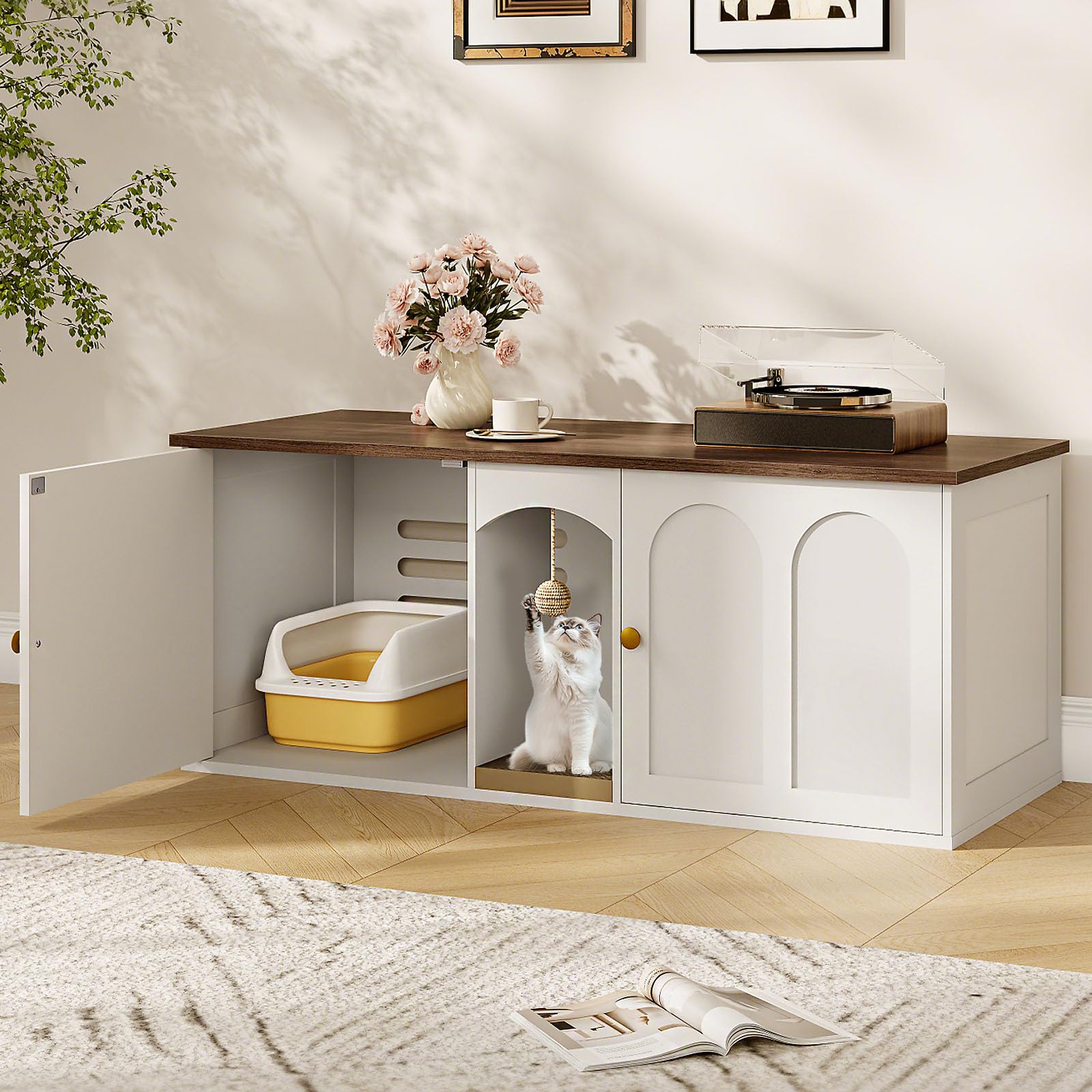 CHOEZON hidden litter box in white and walnut blends with home decor