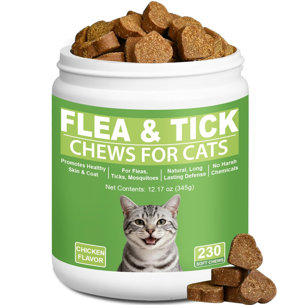 ChoHeel cat flea and tick chews bottle pour for easy daily dosing