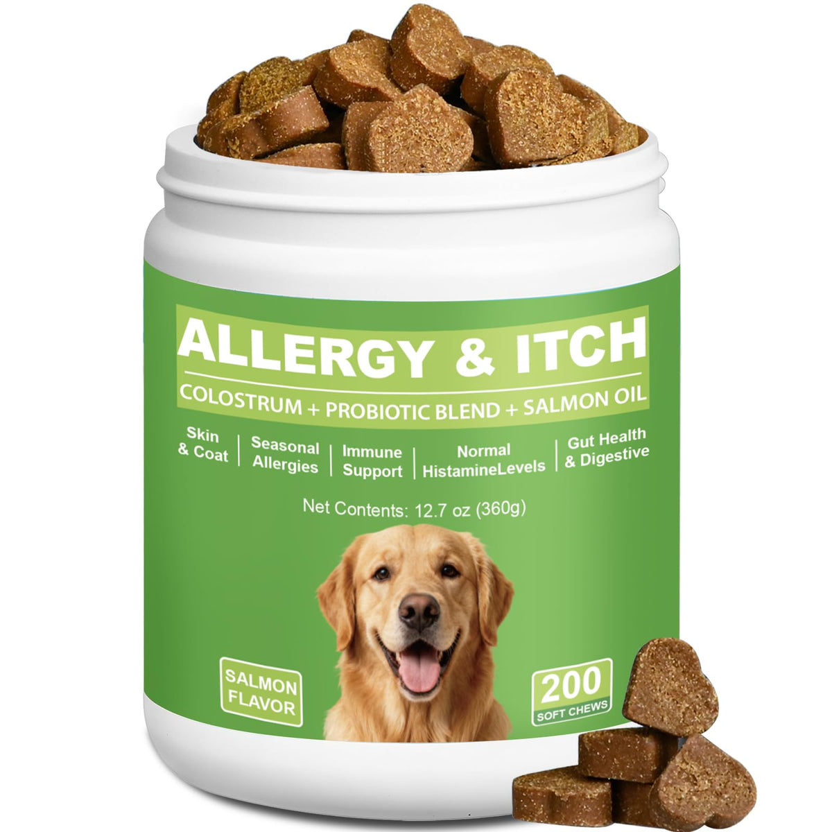 ChoHeel Dog Allergy Chews bottle with label, easy daily supplement for seasonal itch relief.