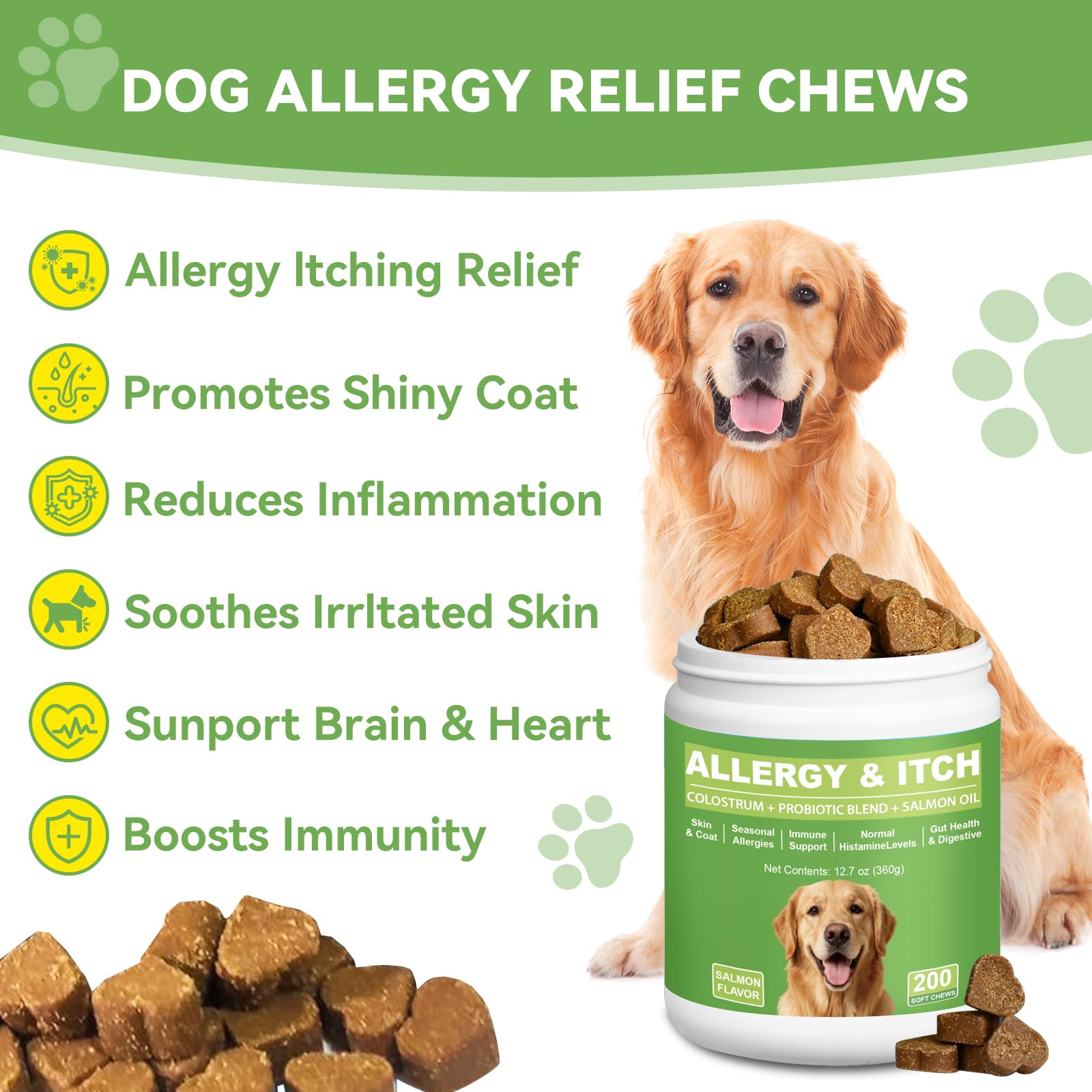 ChoHeel allergy chews jar label highlighting 200-count supply and immune support.