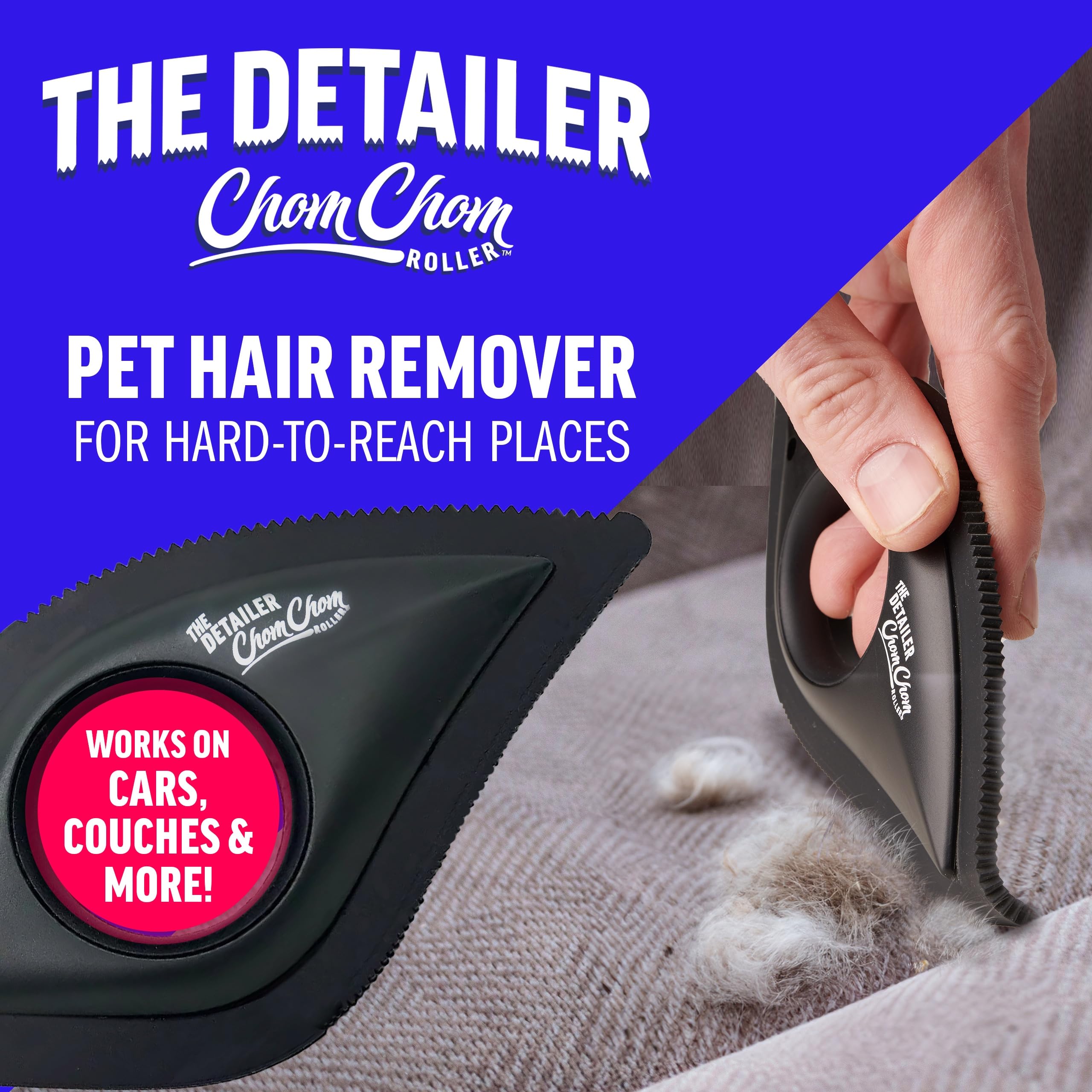 ChomChom Detailer removes fur from seat corners for a cleaner car interior
