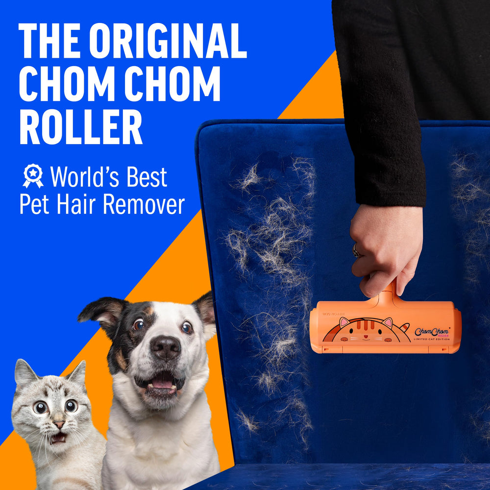 ChomChom Roller cat hair remover in use on sofa, lifting pet fur cleanly.