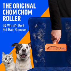 ChomChom Roller cat hair remover in use on sofa, lifting pet fur cleanly.
