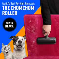 ChomChom Roller in use on couch, traps fur without wasteful tape.