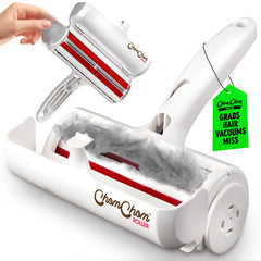 ChomChom Roller in use on a couch removing pet hair quickly