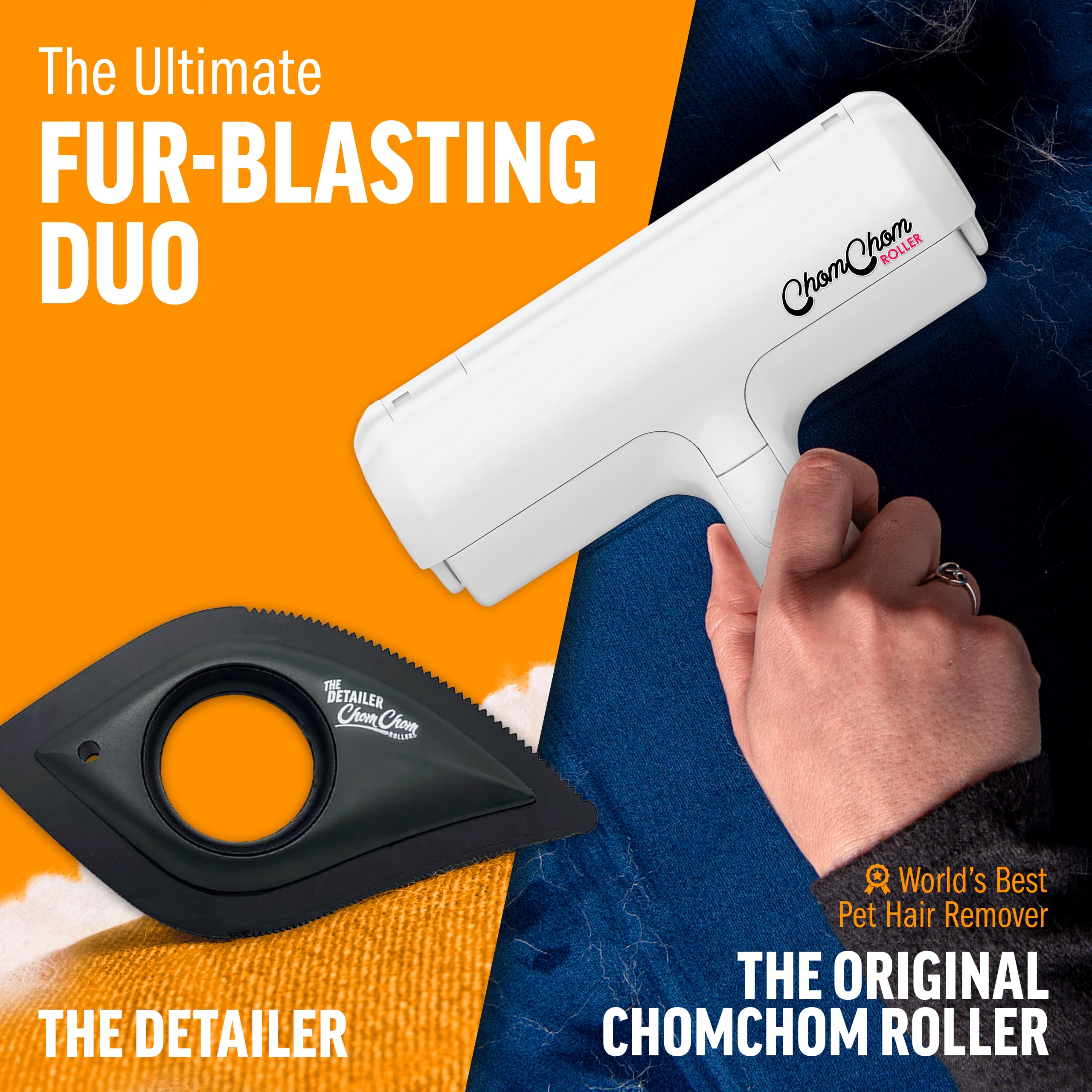 ChomChom Roller white in hand demonstrates easy grip and portability