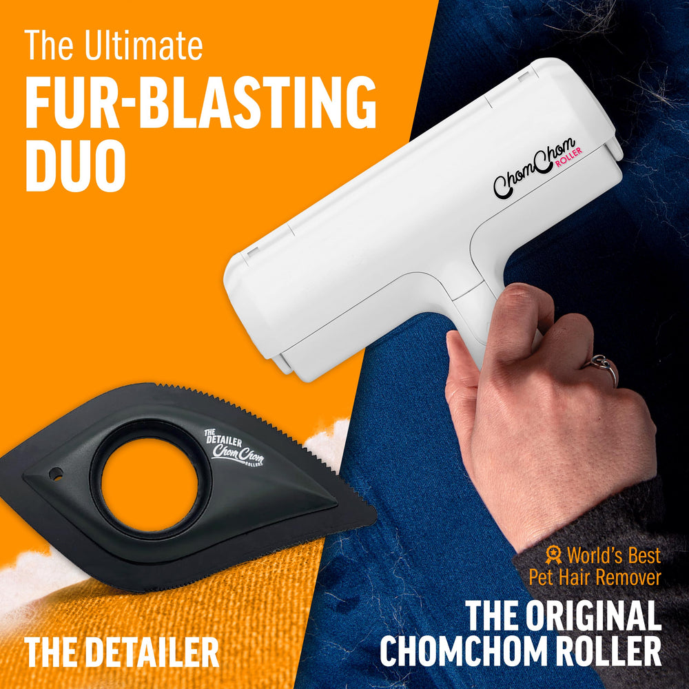 ChomChom Roller white in hand demonstrates easy grip and portability