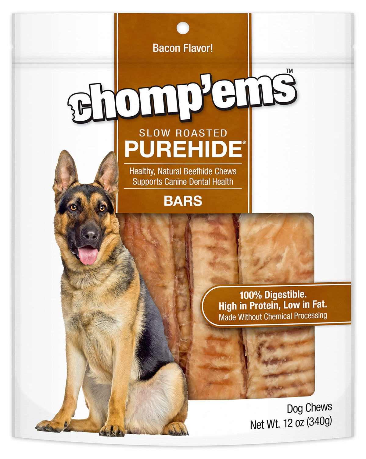 CHOMP 'EMS Purehide bacon flavor beefhide chew for dogs, long-lasting dental support.