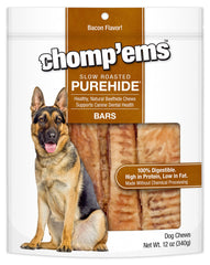 CHOMP 'EMS Purehide bacon flavor beefhide chew for dogs, long-lasting dental support.