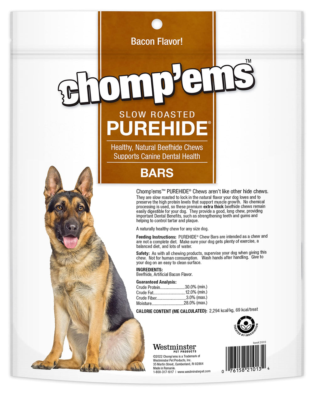 Close-up of CHOMP 'EMS Purehide bacon bars showing slow-roast texture, extended chewing appeal.