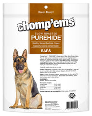 Close-up of CHOMP 'EMS Purehide bacon bars showing slow-roast texture, extended chewing appeal.