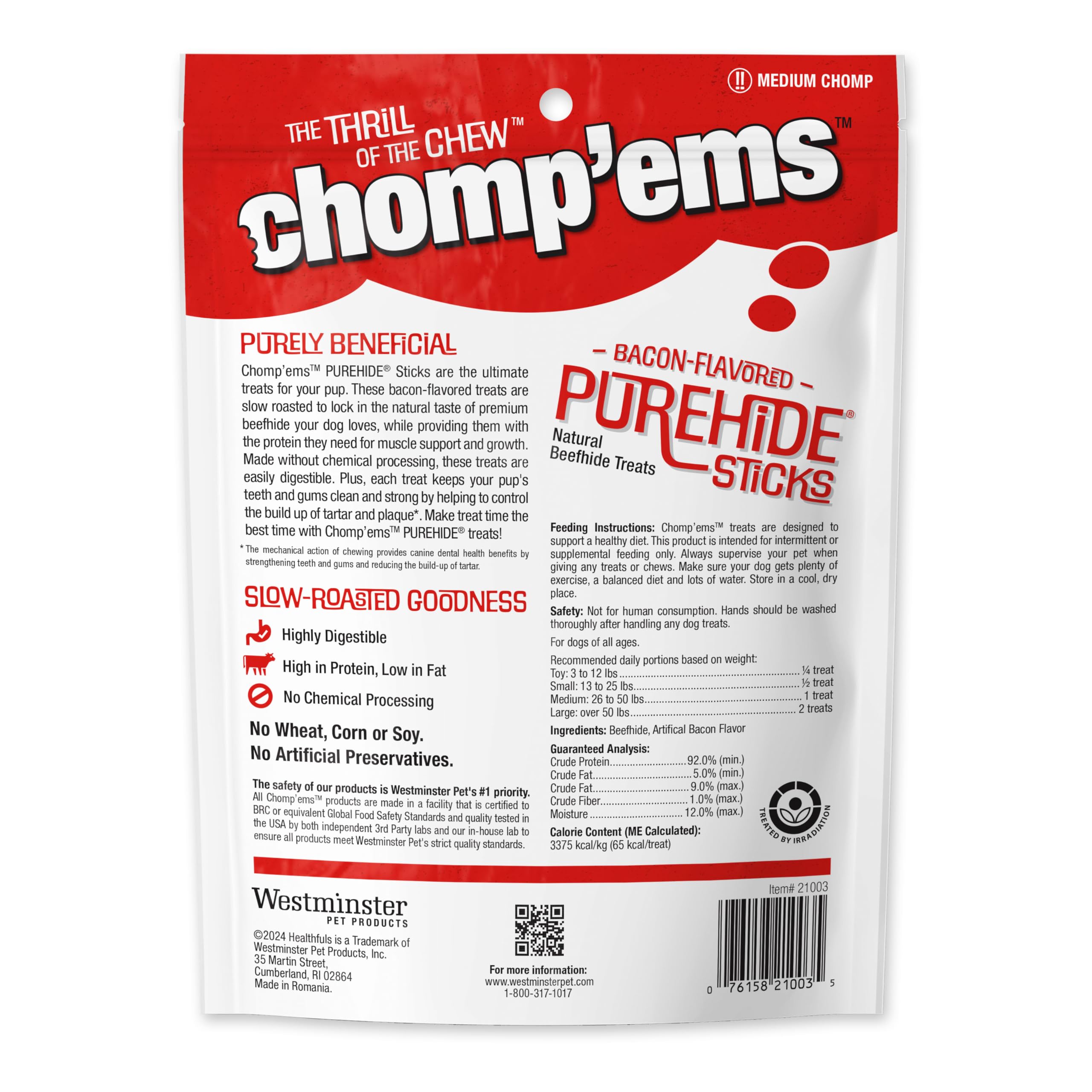 CHOMP EMS Purehide Bacon Sticks closeup chew highlighting thick beefhide ideal for long chew.