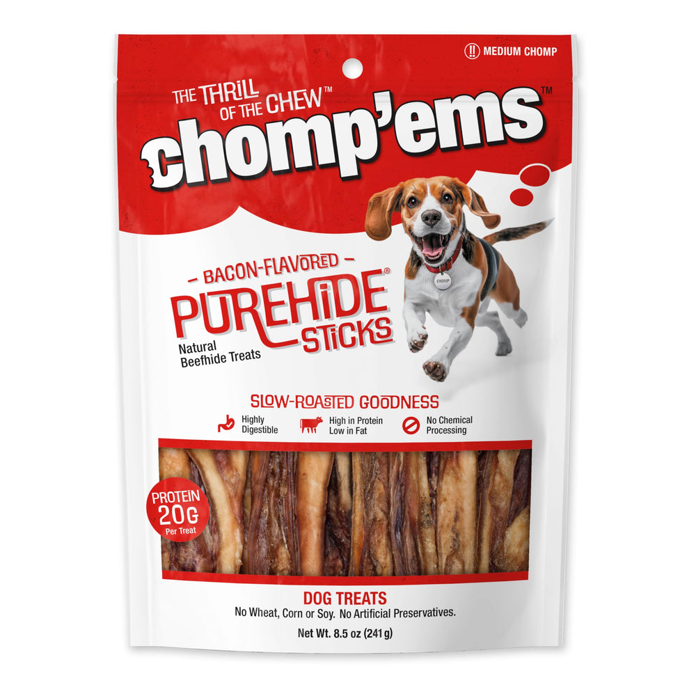 CHOMP EMS Purehide Bacon Sticks pack front, high-protein dog chew.