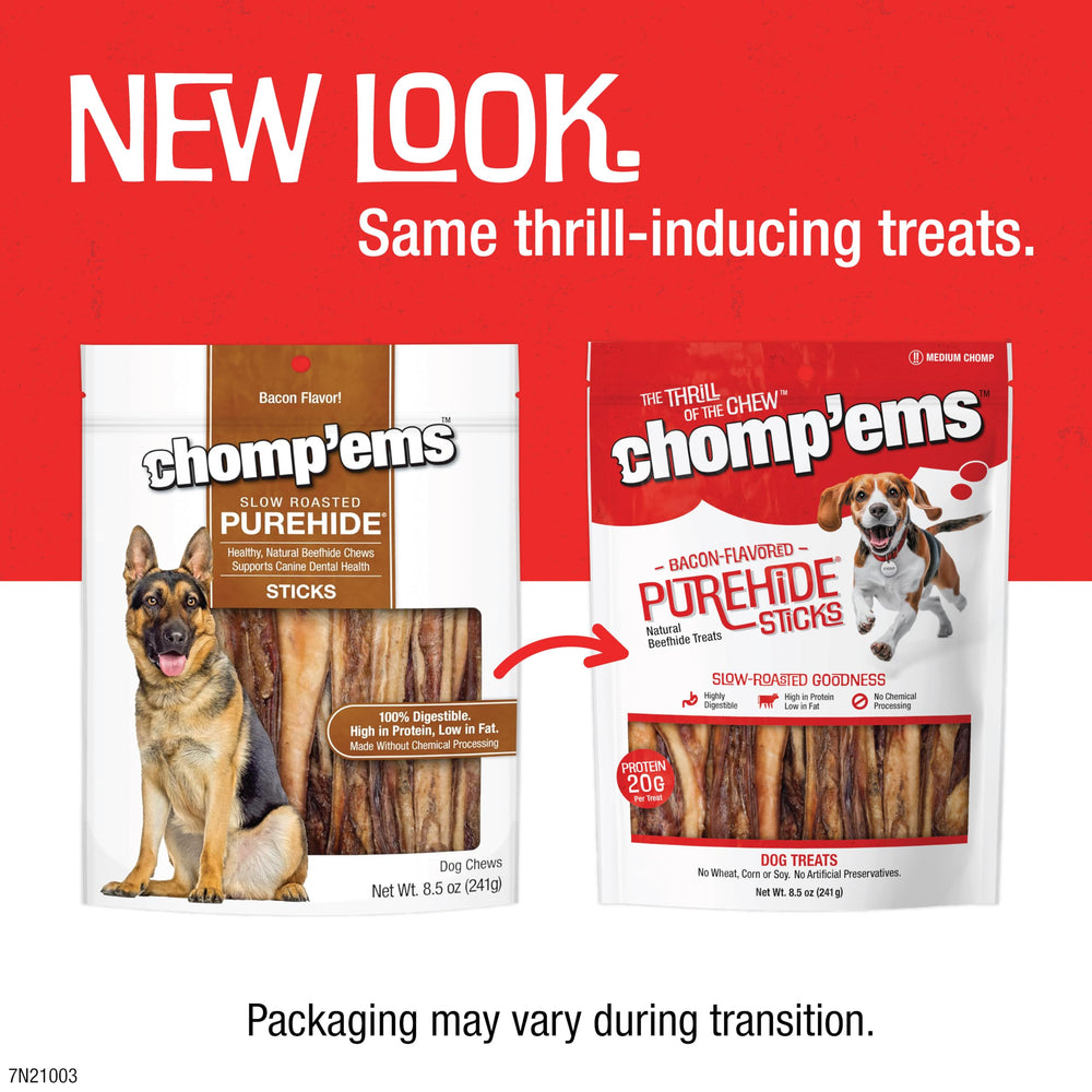 CHOMP EMS Purehide Bacon Sticks thick beefhide texture for durable chewing.
