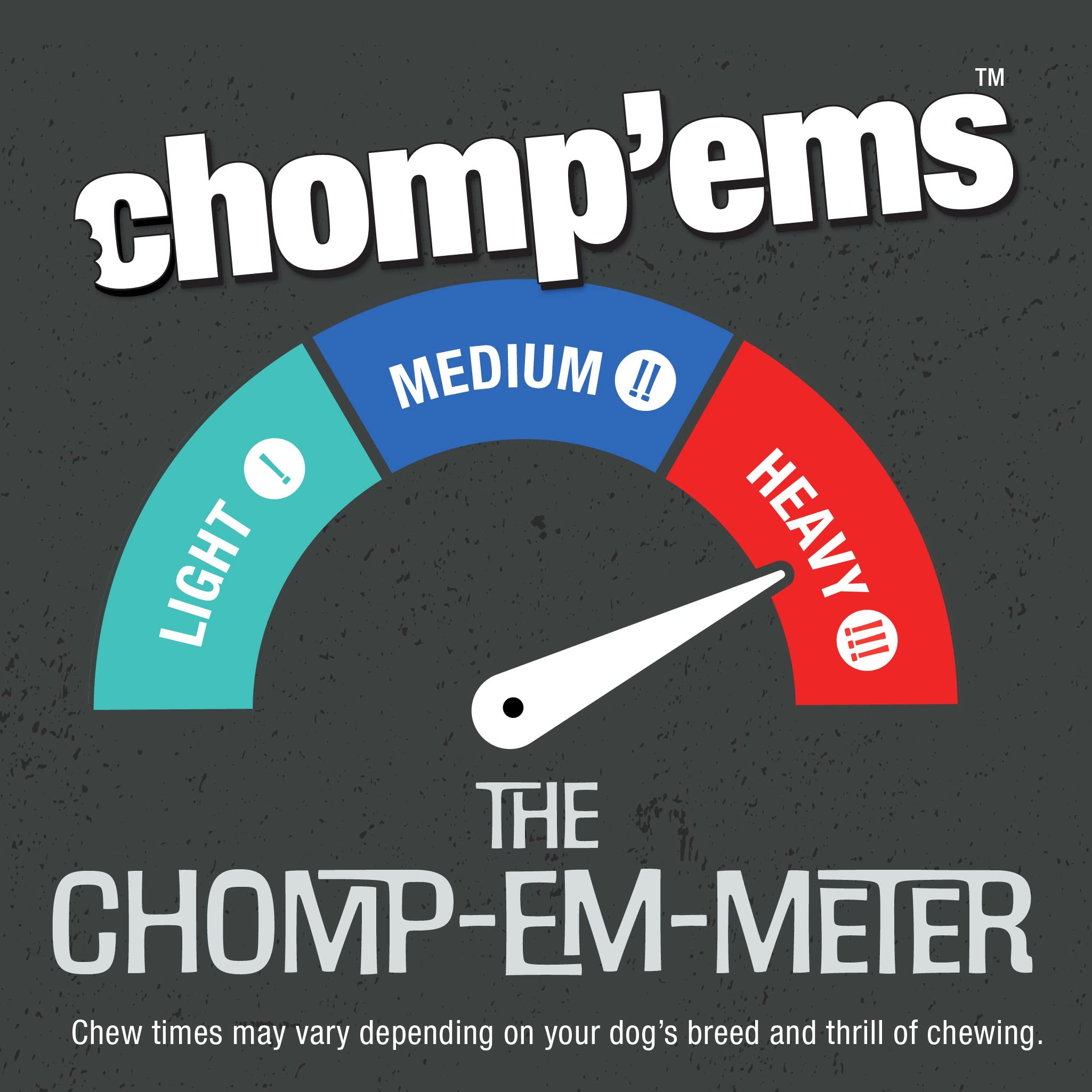 CHOMP 'EMS Purehide bacon-flavor beefhide chews arranged for easy use.