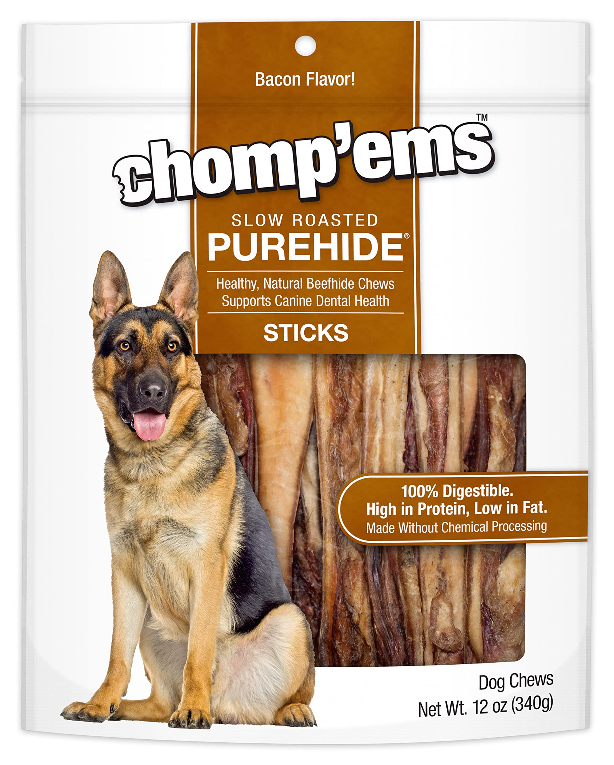 CHOMP EMS Purehide bacon-flavor sticks in bag, long-lasting dog chew.