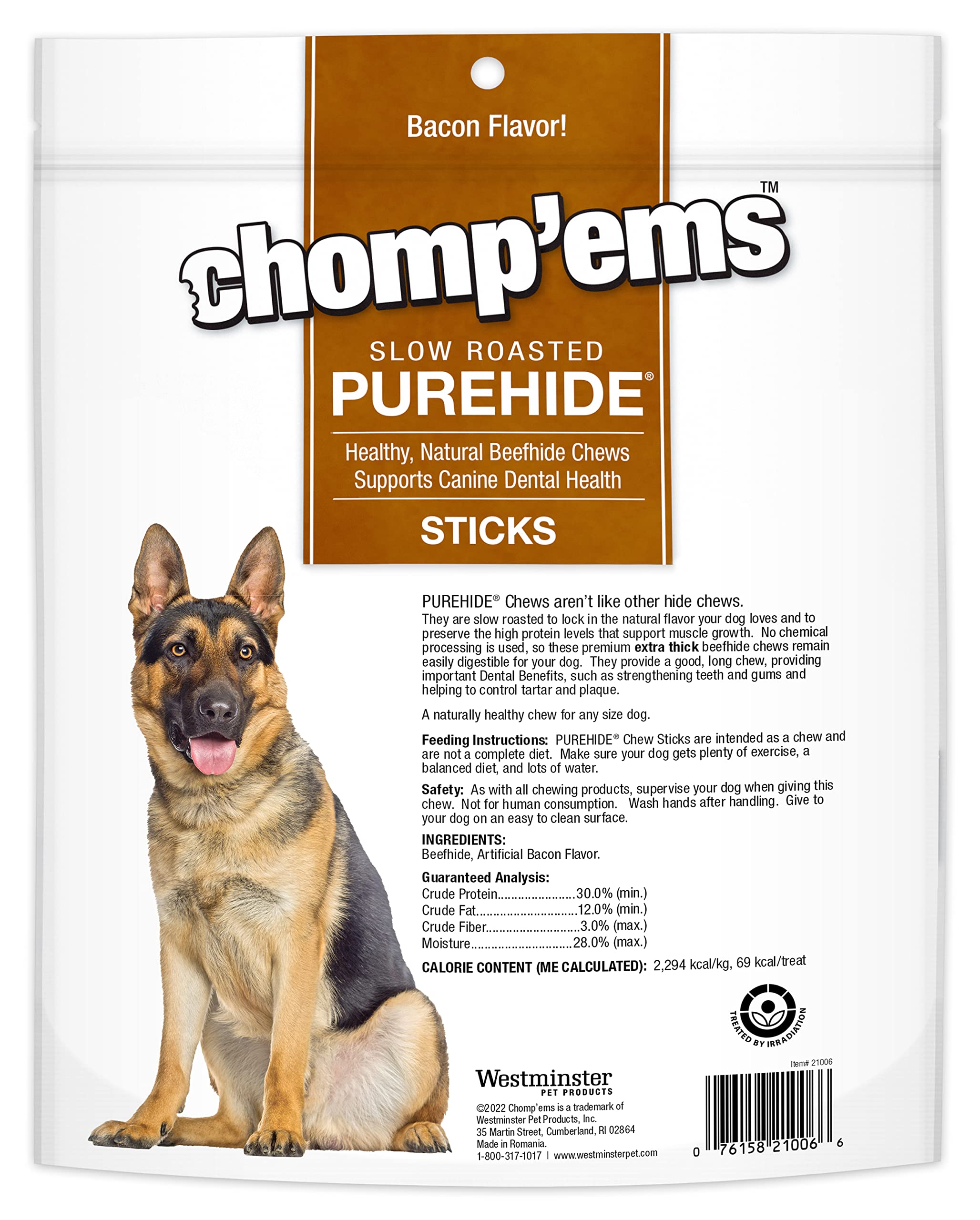 Close-up of CHOMP EMS Purehide bacon-flavor chew with textured surface.