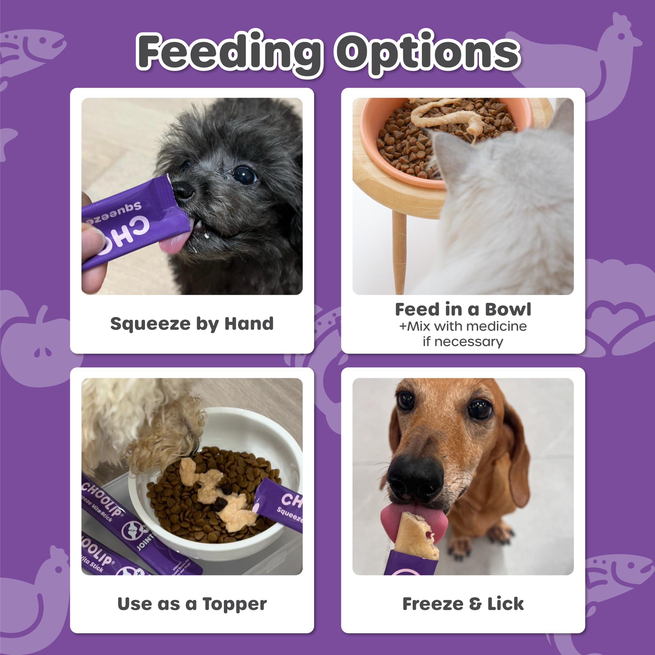 Choolip Squeeze Vita Stick cat and dog treats in bowls